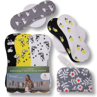 Paquete de 6 almohadillas menstruales reutilizables de algodón orgánico con alas (tamaños L y XL) - Limones (alas blancas) - 6 almohadillas + bolsa húmeda