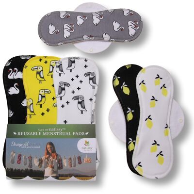 Wiederverwendbare Menstruationspads aus Bio-Baumwolle mit Flügeln 6er-Pack (Größen L & XL) - Zitronen (weiße Flügel) - 6 Pads