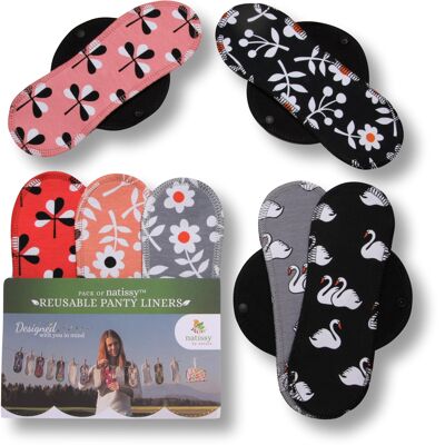 Organic Cotton Reusable Panty Liners with Wings 7-Pack (Size M) - Black Swan (black wings)