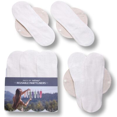 Lot de 7 protège-slips réutilisables en bambou certifiés avec ailes (taille M) - Naturel (ailes blanches)