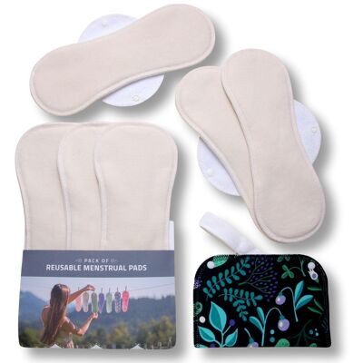 Wiederverwendbare Menstruationspads aus Bio-Baumwolle mit Flügeln 6er-Pack (Größen L & XL) - Natur ungebleicht (weiße Flügel) - 6 Pads + Wetbag