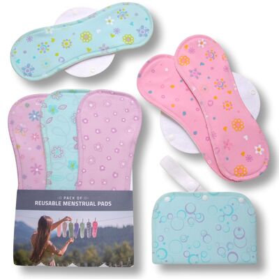 Wiederverwendbare Menstruationspads aus Bio-Baumwolle mit Flügeln 6er-Pack (Größen L & XL) - Pastell (weiße Flügel) - 6 Pads + Wetbag