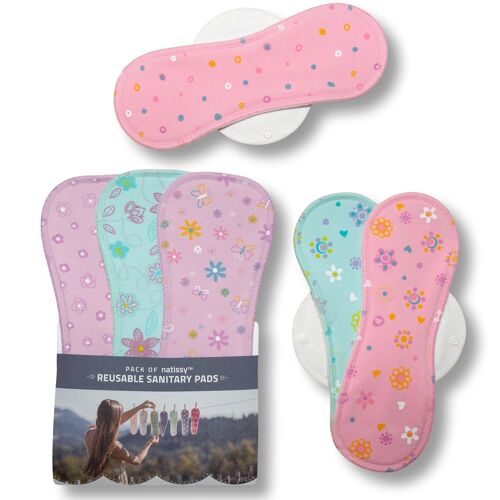 Organic Cotton Reusable Menstrual Pads with Wings 6-Pack (Sizes L & XL) - Pastel (white wings) - 6 Pads