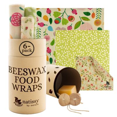 Beeswax Wraps, Set of 6 Sustainable & Eco-Friendly Waxed Food Storage Cloths - Flowers
