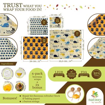 Emballages de cire d'abeille, ensemble de 6 chiffons de conservation des aliments cirés durables et écologiques - Enfants 7
