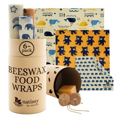 Beeswax Wraps, Set of 6 Sustainable & Eco-Friendly Waxed Food Storage Cloths - Kids