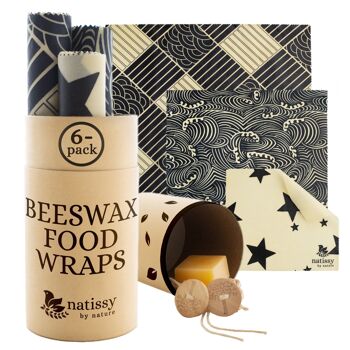 Emballages de cire d'abeille, ensemble de 6 chiffons de conservation des aliments cirés durables et écologiques - noir et blanc 1