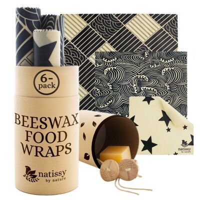 Emballages de cire d'abeille, ensemble de 6 chiffons de conservation des aliments cirés durables et écologiques - noir et blanc