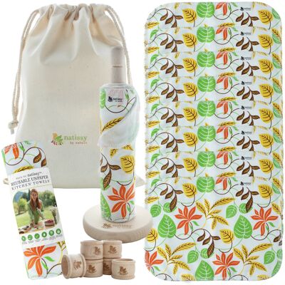 Reusable Paperless Kitchen Towels, Certified Cotton Roll of 10 - Natissy Leaves - Pack