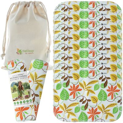 Reusable Paperless Kitchen Towels, Certified Cotton Roll of 10 - Natissy Leaves - 10x Towel only