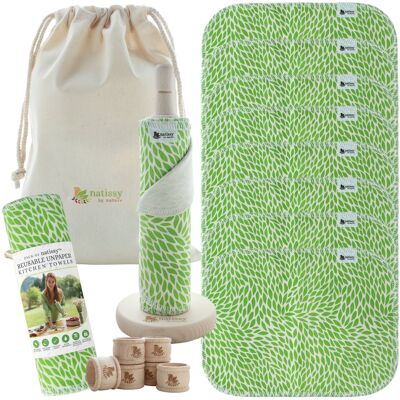 Wiederverwendbare papierlose Küchentücher, zertifizierte Baumwolle, 10er-Rolle – Grüne Blätter – Packung