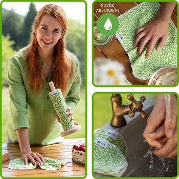 Serviettes de cuisine sans papier réutilisables, rouleau de coton certifié de 10 - Feuilles vertes - 10x serviette uniquement 10