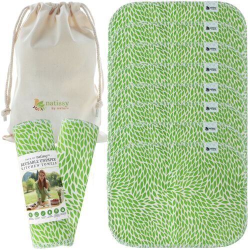 Reusable Paperless Kitchen Towels, Certified Cotton Roll of 10 - Green Leaves - 10x Towel only