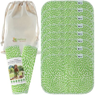 Toallas de cocina reutilizables sin papel, algodón certificado, rollo de 10 - Hojas verdes - Solo 10 toallas