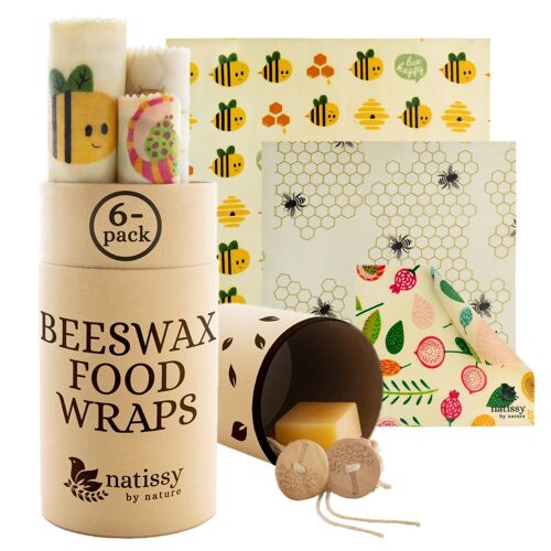 Beeswax Wraps, Set of 6 Sustainable & Eco-Friendly Waxed Food Storage Cloths - Bees