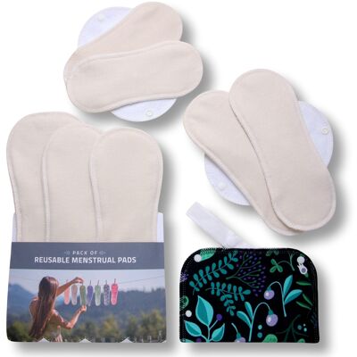 Paquete múltiple de almohadillas menstruales reutilizables de algodón orgánico con alas (tamaños S, M, L, XL) - Natural sin blanquear (alas blancas) - 7 almohadillas + bolsa húmeda