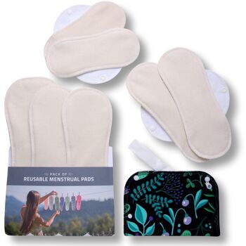 Serviettes menstruelles réutilisables en coton biologique avec emballage multiple d'ailes (tailles S, M, L, XL) - Naturel non blanchi (ailes blanches) - 7 serviettes + sac de protection 1