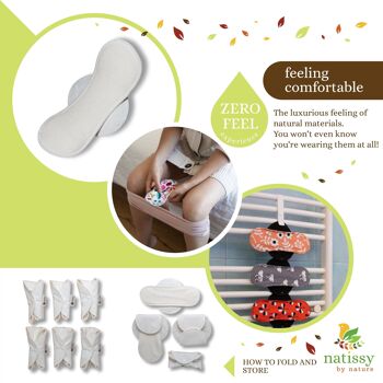 Serviettes menstruelles réutilisables en coton biologique avec emballage multiple d'ailes (tailles S, M, L, XL) - Naturel non blanchi (ailes blanches) - 7 serviettes 10