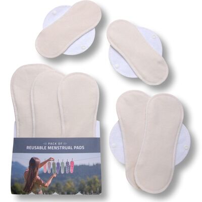 Paquete múltiple de almohadillas menstruales reutilizables de algodón orgánico con alas (tamaños S, M, L, XL) - Natural sin blanquear (alas blancas) - 7 almohadillas