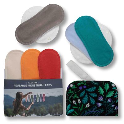 Paquete de 6 almohadillas menstruales reutilizables de algodón orgánico con alas (tallas S y M) - Color sólido (alas blancas) - 6 almohadillas + bolsa húmeda