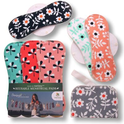 Paquete de 6 almohadillas menstruales reutilizables de algodón orgánico con alas (tallas L y XL) - Flores (alas blancas) - 6 almohadillas + bolsa húmeda