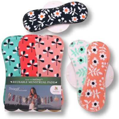 Wiederverwendbare Menstruationspads aus Bio-Baumwolle mit Flügeln 6er-Pack (Größen L & XL) - Blumen (weiße Flügel) - 6 Pads