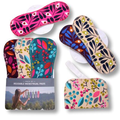 Organic Cotton Reusable Menstrual Pads with Wings 6-Pack (Sizes L & XL) - Grapes & Peacock (white wings) - 6 Pads + wetbag