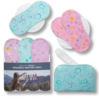 Wiederverwendbare Menstruationspads aus Bio-Baumwolle mit Flügeln 6er-Pack (Größen S & M) - Pastell (weiße Flügel) - 6 Pads + Wetbag