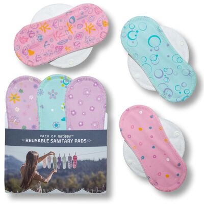 Wiederverwendbare Menstruationspads aus Bio-Baumwolle mit Flügeln 6er-Pack (Größen S & M) - Pastell (weiße Flügel) - 6 Pads