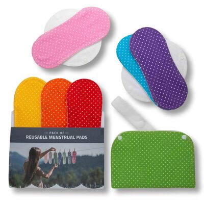 Wiederverwendbare Menstruationspads aus Baumwolle mit Flügeln 6er-Pack (Größen S & M) - Punkte (weiße Flügel) - 6 Pads + Wetbag