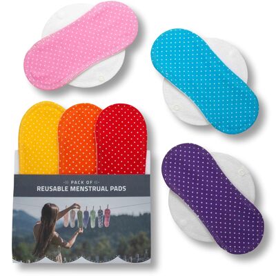 Cotton Reusable Menstrual Pads with Wings 6-Pack (Sizes S & M) - Dots (white wings) - 6 Pads