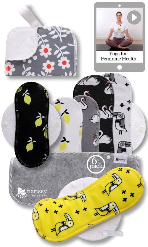 Cotton Reusable Menstrual Pads with Wings 6-Pack (Sizes S & M) - Lemons (white wings) - 6 Pads + wetbag