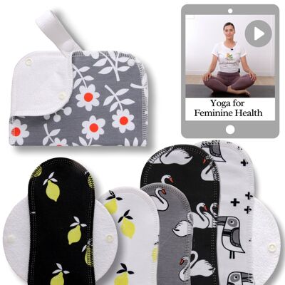Cotton Reusable Menstrual Pads with Wings 6-Pack (Sizes S & M) - Lemons (white wings) - 6 Pads + wetbag