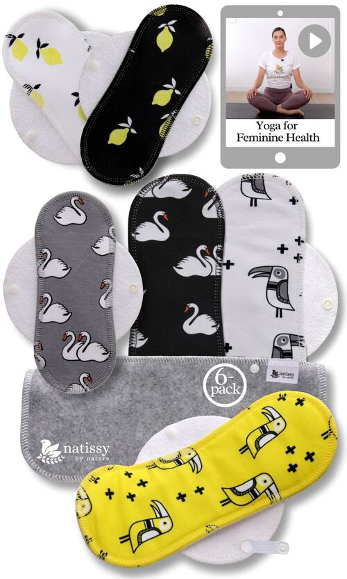 Cotton Reusable Menstrual Pads with Wings 6-Pack (Sizes S & M) - Lemons (white wings) - 6 Pads