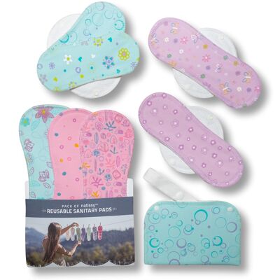 Organic Cotton Reusable Menstrual Pads with Wings Multipack (Sizes S, M, L, XL) - Pastel (white wings) - 7 Pads + wetbag