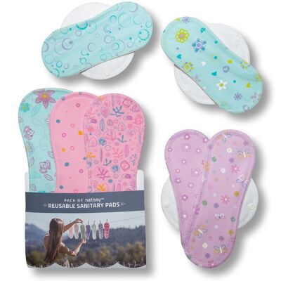 Wiederverwendbare Menstruationspads aus Bio-Baumwolle mit Flügeln Multipack (Größen S, M, L, XL) - Pastell (weiße Flügel) - 7 Pads