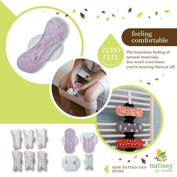 Serviettes menstruelles réutilisables en coton biologique avec emballage multiple d'ailes (tailles S, M, L, XL) - Pastel (ailes blanches) - 7 serviettes 5