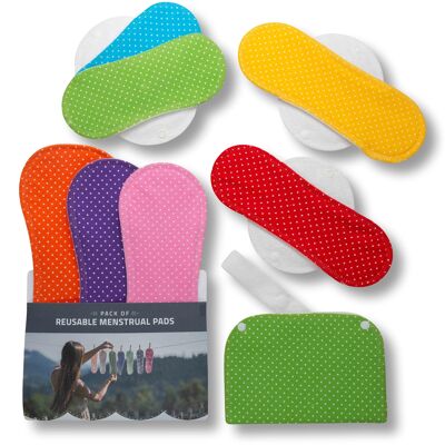 Cotton Reusable Menstrual Pads with Wings Multipack (Sizes S, M, L, XL) - Dots (white wings) - 7 Pads + wetbag