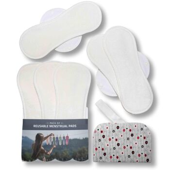 Pack de 6 serviettes menstruelles réutilisables en bambou certifiées avec ailes (tailles L et XL) - Naturel (ailes blanches) - 6 serviettes + sac humide 6