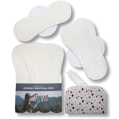 Pack de 6 serviettes menstruelles réutilisables en bambou certifiées avec ailes (tailles L et XL) - Naturel (ailes blanches) - 6 serviettes + sac humide