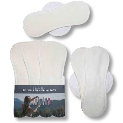 Paquete de 6 almohadillas menstruales reutilizables de bambú certificadas con alas (tamaños L y XL), naturales (alas blancas), 6 almohadillas