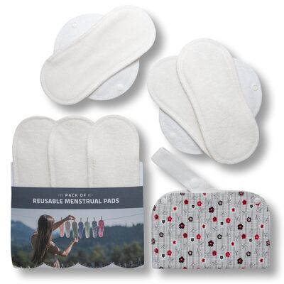Paquete de 6 almohadillas menstruales reutilizables de bambú certificadas con alas (tamaños S y M) - Natural (alas blancas) - 6 almohadillas + bolsa húmeda
