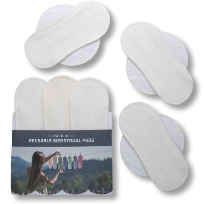 Zertifizierte wiederverwendbare Menstruationspads aus Bambus mit Flügeln 6er-Pack (Größen S & M) - Natur (weiße Flügel) - 6 Pads