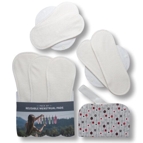 Certified Bamboo Reusable Menstrual Pads with Wings, Multipack (Sizes S, M, L, XL) - Natural (white wings) - 7 Pads + wetbag