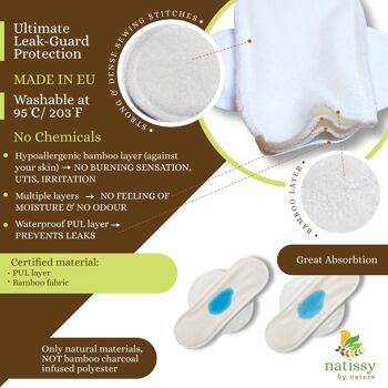 Serviettes menstruelles réutilisables en bambou certifiées avec ailes, emballage multiple (tailles S, M, L, XL) - Naturel (ailes blanches) - 7 serviettes + sac de protection 4