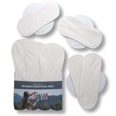 Certified Bamboo Reusable Menstrual Pads with Wings, Multipack (Sizes S, M, L, XL) - Natural (white wings) - 7 Pads