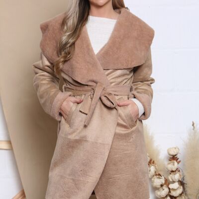Camel suede feel coat with pockets