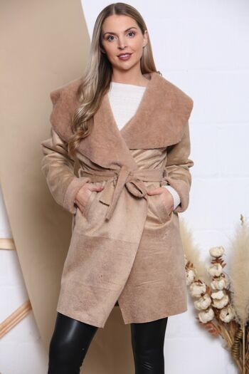 Manteau en cuir velours camel avec poches 1