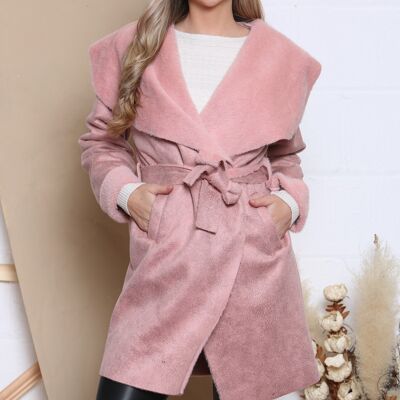 Pink suede feel coat with pockets