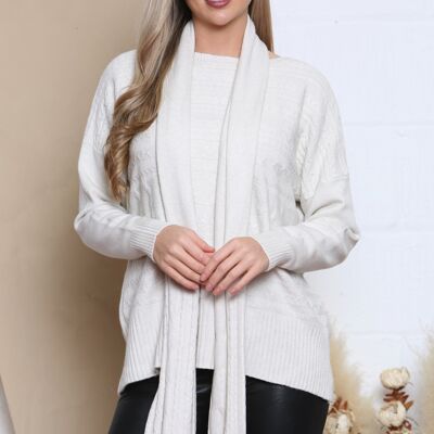 Beige cable knit jumper with matching scarf